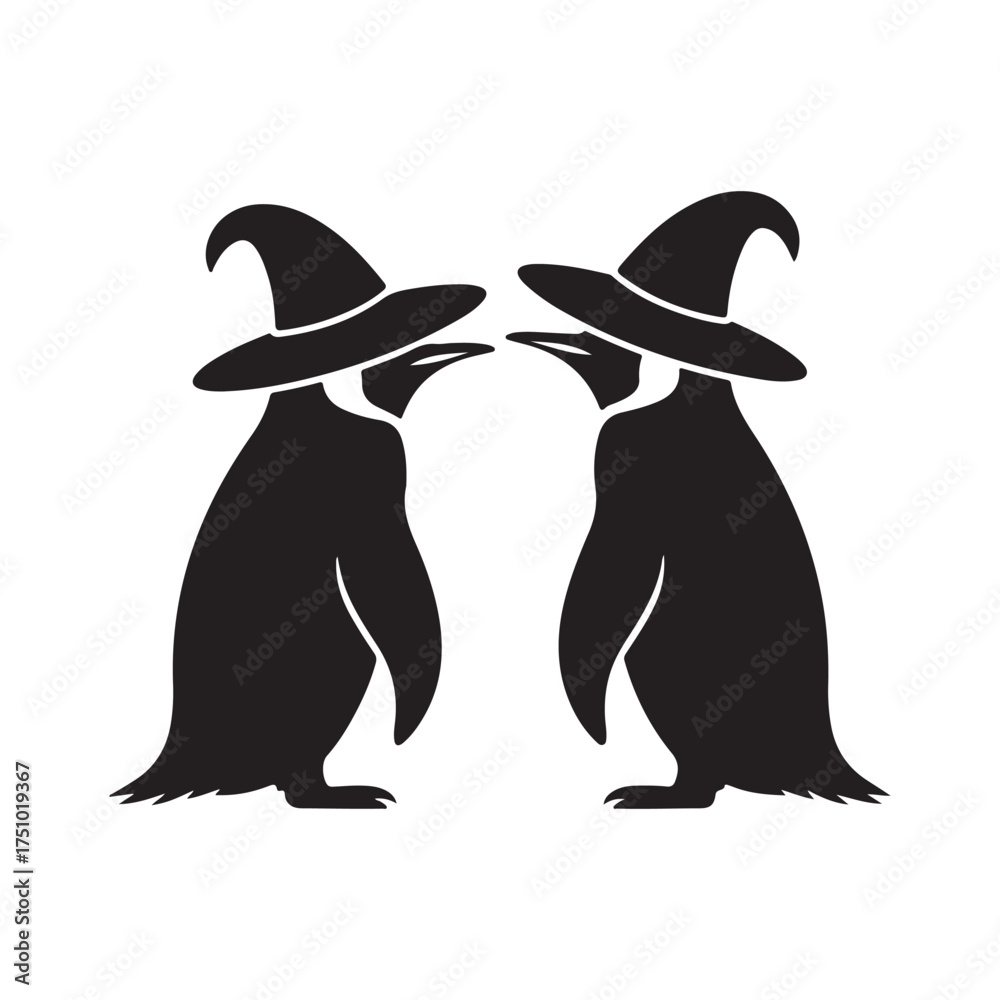 Obraz premium Silhouette Penguins With Wizard Hats Side View Graphic on White