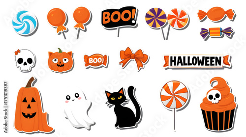Cute Halloween Stickers and Icons – Cartoon Ghost, Pumpkin, Candy, Cat, and Spooky Illustrations