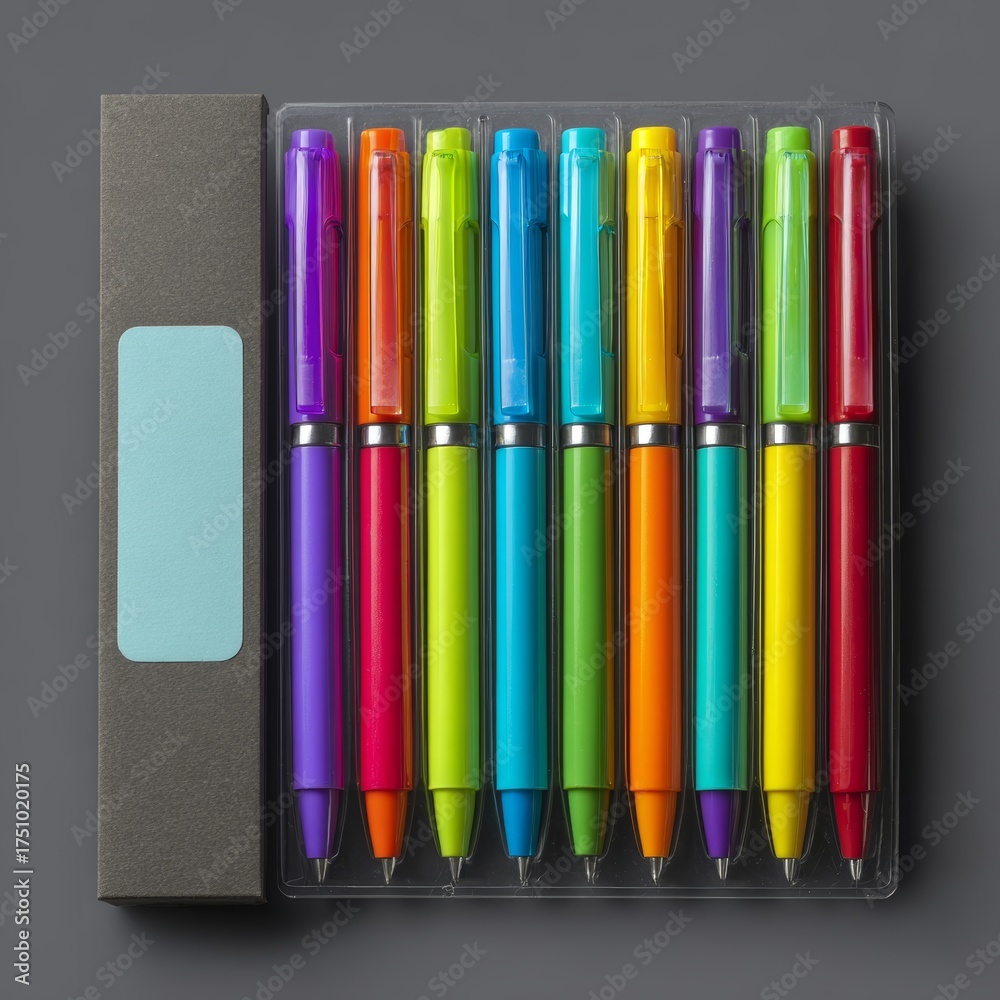 Obraz premium A set of colorful pens displayed neatly in a tray, ready for use