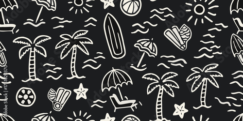 Whimsical hand drawn tropical beach vacation seamless pattern with palm trees umbrellas and surfboards