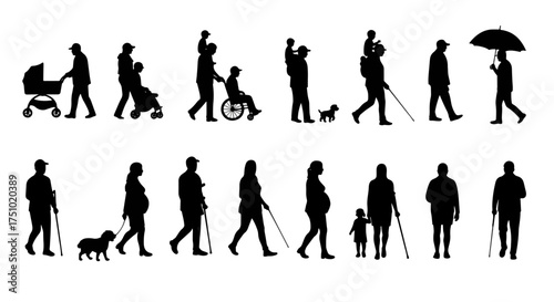 Inclusive Family Stroll Silhouette Vector Icons - Stroller, Wheelchair, Cane, Pregnancy, Umbrella