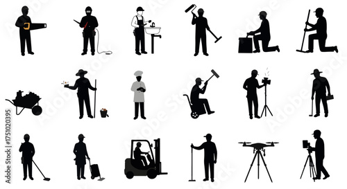 Skilled Trades Workforce Silhouette Icon Set - Construction, Plumbing, Cleaning, Survey, Forklift, Drone