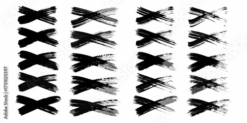 Collection of hand painted black and gray x marks brush strokes on white background