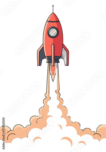Flat Vector Cartoon Rocket Launching With Smoke Trail