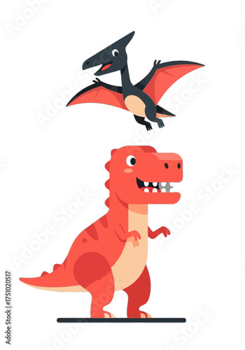 Cute Flat Vector Dinosaurs Trex and Pterodactyl Illustration