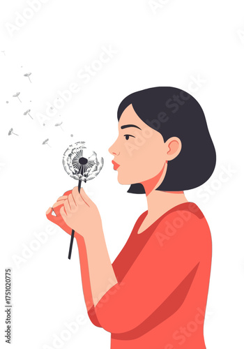 Flat Vector Illustration of Woman Making a Dandelion Wish