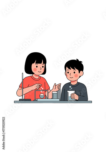 Cute Flat Vector Illustration of Children Doing Science Experiment