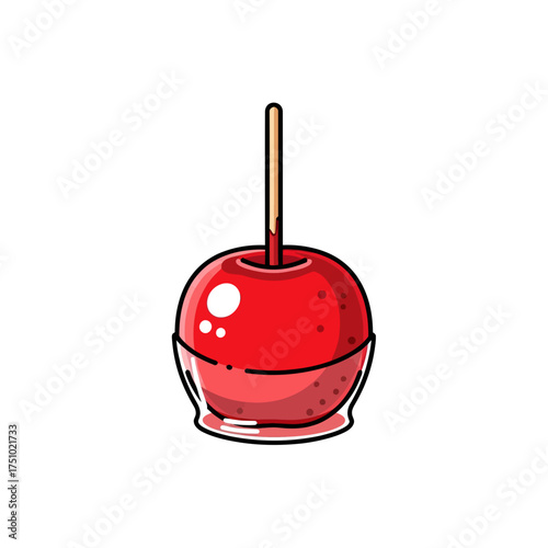 Candy apple illustration with glossy red coating and wooden stick representation
