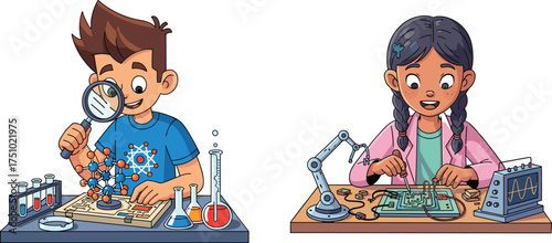 Children exploring science and engineering, cartoon STEM activity, chemistry experiment, robotics project, magnifying glass, circuit board, educational fun, indoor learning