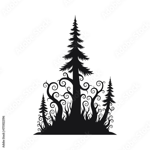 Enigmatic silhouettes: A dance between evergreens and fantastical flora in a minimalist composition