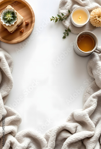 Knitted fabric and autumn flowers frame a white plate, warm tones and gentle light, cozy seasonal layout with copy space.