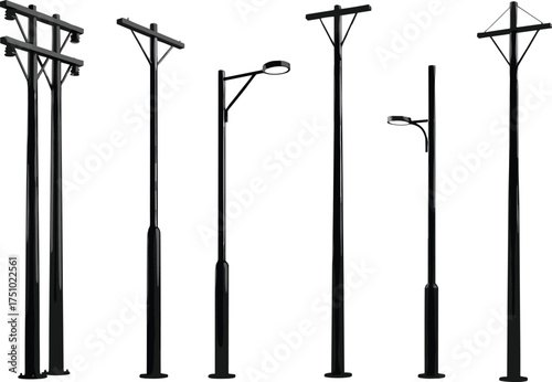 Street lighting poles, electric utility poles, urban light infrastructure, roadway illumination system, modern power distribution design, industrial energy equipment, flat vector art