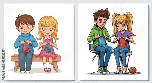 Children knitting with colorful yarn, creative activity, cartoon style, teamwork on bench and chairs, relaxing hobby, indoor scene, crafting fun