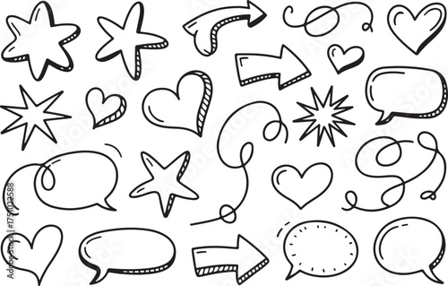 Assortment of Hand Drawn Doodle Stars Hearts Arrows and Speech Bubbles on White Background talk bubble