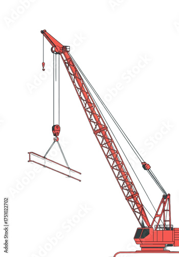 Flat Vector Illustration of Crane Lifting Steel Beam With Workers