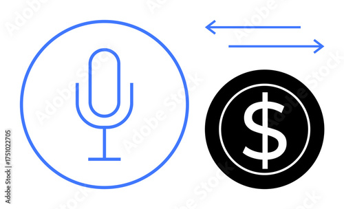 Microphone inside circle next to dollar symbol with arrows implying conversion. Ideal for finance, technology, digital payment, voice recognition, innovation, AI commerce, virtual interaction. Simple