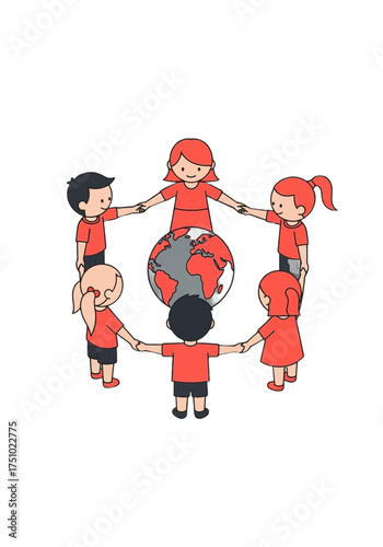 Cute Cartoon Kids Holding Hands Around World Globe