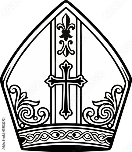 Floral Ornate Bishop Mitre Vector – Black and White Line Art Pope Hat with Christian Cross and Decorative Border