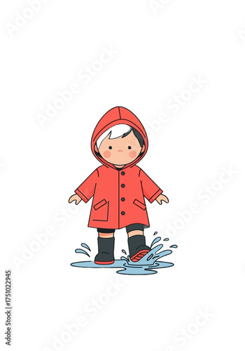 Cute Flat Vector Illustration of Child Splashing in Puddle