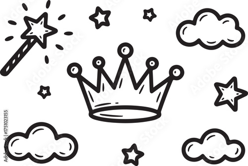 Hand Drawn Doodle Elements Including A Crown Wand Stars And Clouds On A White Background drawing sketch