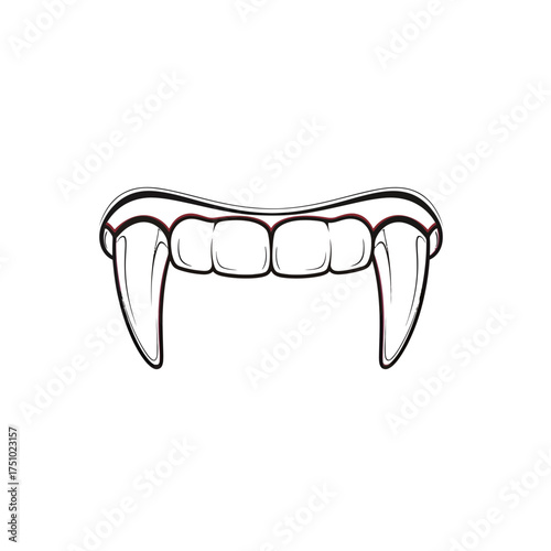 Line art of sharp fangs against a stark white backdrop evoking mystery and darkness