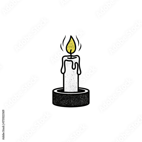 Minimalist candle with flickering flame and dripping wax in graphic illustration style