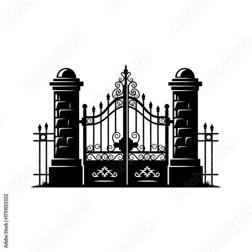 Ornate wrought iron gate silhouette with stately stone pillars entrance emblem design