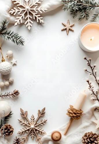 Pastel watercolor background with Christmas spruce twigs and candles, calm Scandinavian mood, empty central space.
