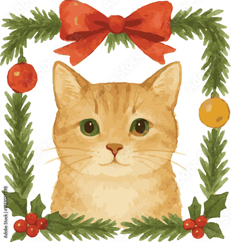 Vector watercolor painted illustration of a portrait in a christmas frame