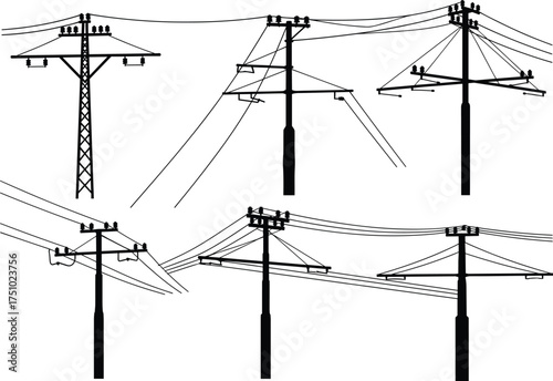 Utility pole illustration, electricity distribution tower, power line structure, engineering design