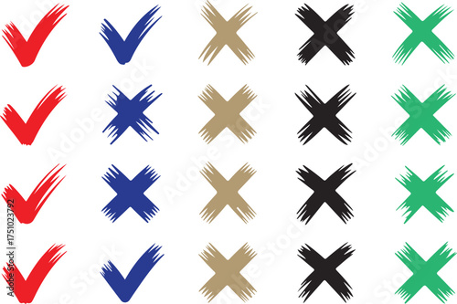 Multi Colored Hand Drawn Check Marks And Crosses In Red Blue Gold Black And Green On A White Background