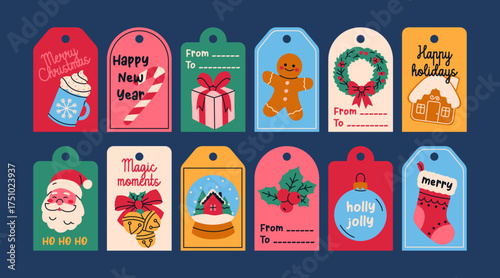 Collection of Christmas and New Year gift tags. Festive labels for wrapping, decoration, greeting cards.