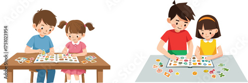 Children placing stickers in books, cartoon creative activity, colorful sticker collection, teamwork at table, indoor fun, educational play, learning through art