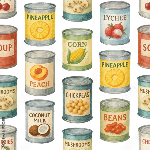 vector seamless pattern with various canned food such as pineable, mushrooms and more