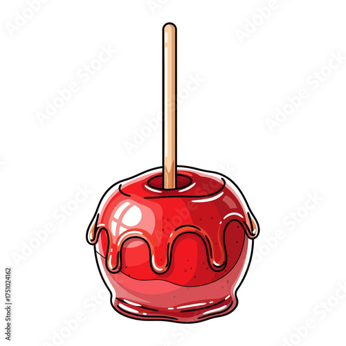 Vibrant red candy apple on a stick, a sweet treat in a playful cartoon illustration