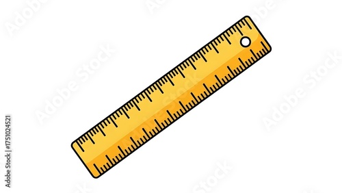 A yellow ruler with black markings and a hole at the top corner on a white background image view