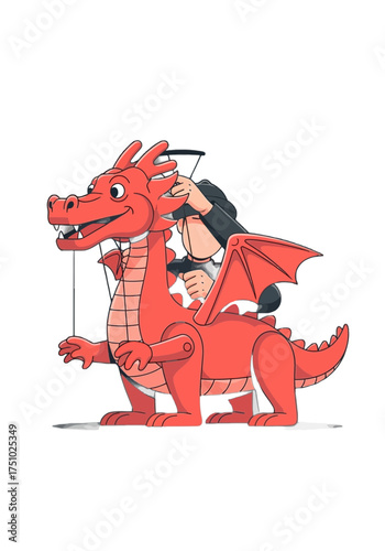 Cute Cartoon Red Dragon Puppet Marionette Illustration