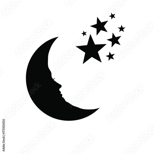 Mystical crescent moon with a serene face gazes at twinkling stars in the night sky