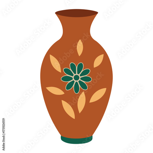 Antique brown ceramic vase with flowers isolated on a background, a traditional culture object of ancient art and decoration