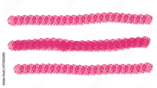 Three vibrant pink pipe cleaners arranged horizontally on a white background