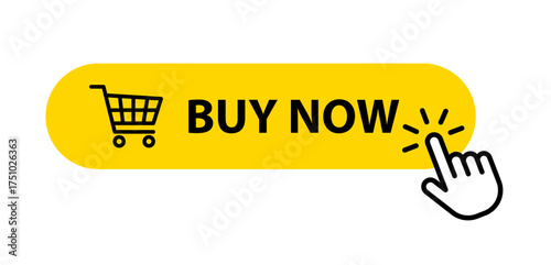 Buy now yellow button with click hand cursor icon