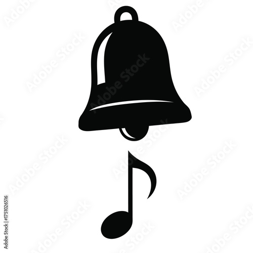 Simple black silhouette of a bell with a musical note, representing sound or notification