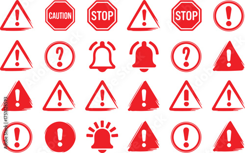 Red warning and information signs with a distressed brush stroke effect on a white background Keywords: red warning signs, red information signs, red alert symbols, red caution signs, red stop