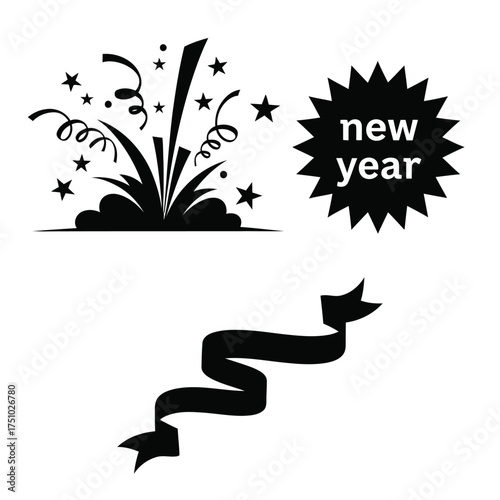 Festive New Year celebration elements including confetti, stars, and a celebratory burst.