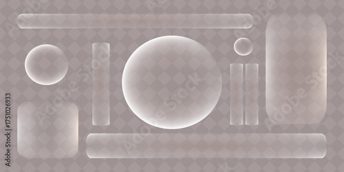 Gold glass button interface, light frame banner set, glass panel set for mobile and web app, tech board frame in futuristic style. Light png banner collection with glow effect, vector illustration.