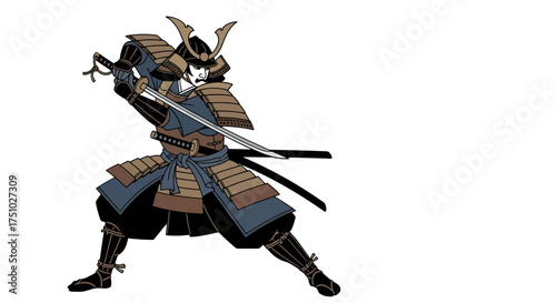 A formidable Samurai warrior in traditional armor, poised for battle on a white background