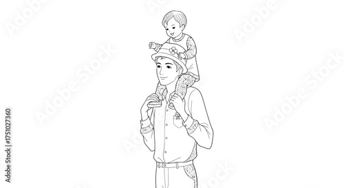A whimsical monochrome illustration of a father with his child on his shoulders in hat