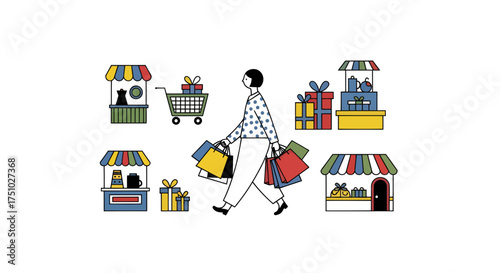 Abstract shopping illustration showcases a shopper with colorful market stalls and gift boxes