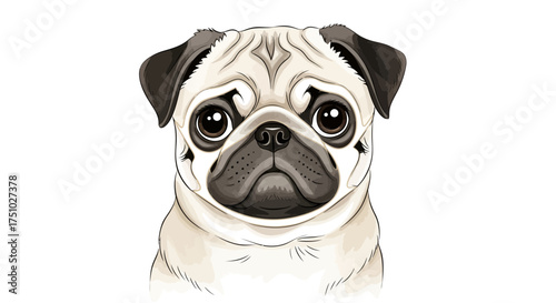 Adorable pug portrait with expressive eyes against a clean white backdrop illustration perfect for