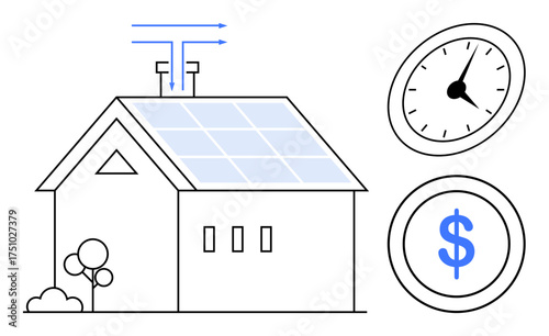 House with solar panels, arrows denoting energy flow, clock symbol for time efficiency, and dollar sign depicting cost savings. Ideal for sustainability, renewable energy, eco-living, innovation